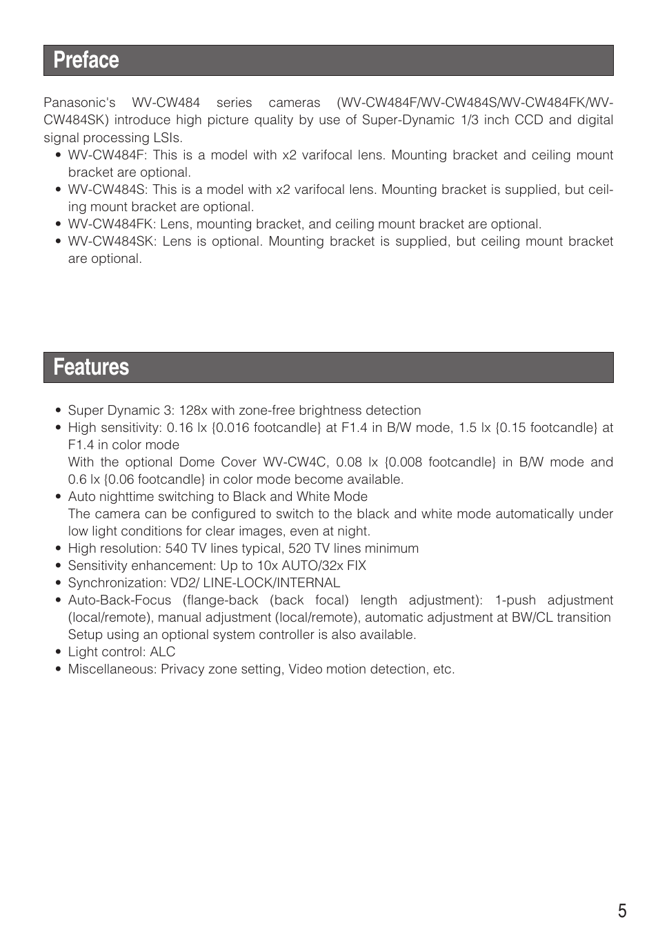 Preface, Features | Panasonic WV-CW484 User Manual | Page 5 / 50