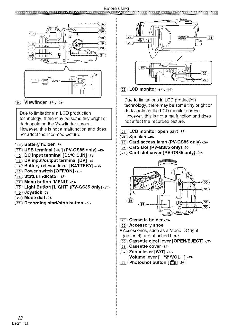 T) viewfinder -/7, Battery holder, Usb terminal {pv-gs85 only) | Dc input terminal [dc/c.c.in, Dv input/output terminal [dv, Batlery release lever [battery, Light button [light] (pv-gs85 only), Joystick, Mode dial, Recording start/stop button | Panasonic PV-GS80 User Manual | Page 12 / 81