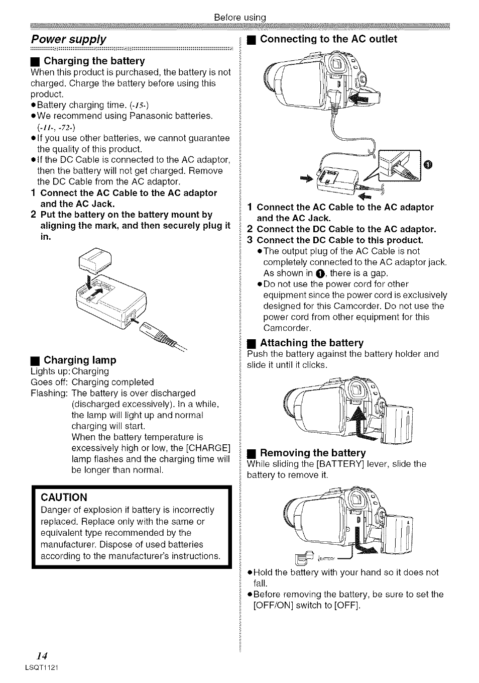 Connecting to the ac outlet, I charging the battery, I charging lamp | Caution, Attaching the battery, Removing the battery, Connecting to the ac outlet i charging the battery | Panasonic PV-GS80 User Manual | Page 14 / 81