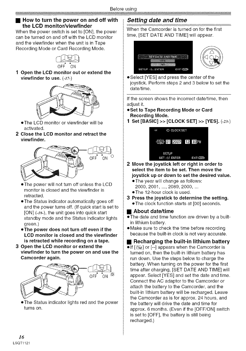About date/time, Recharging the buiit-in iithium battery, Rpsti | Off on | Panasonic PV-GS80 User Manual | Page 16 / 81