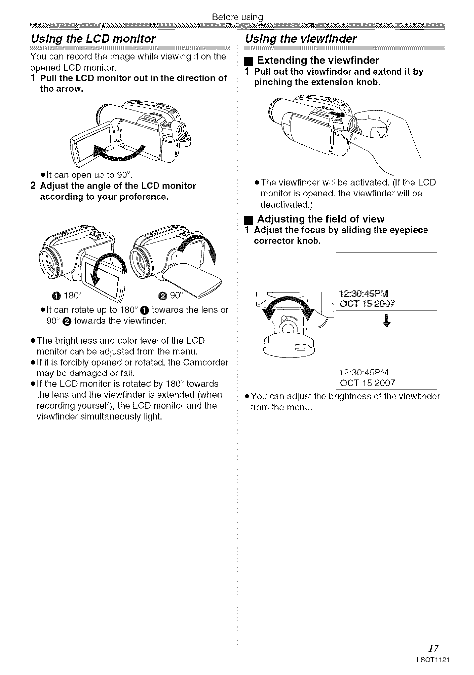 I extending the viewfinder, I adjusting the field of view | Panasonic PV-GS80 User Manual | Page 17 / 81