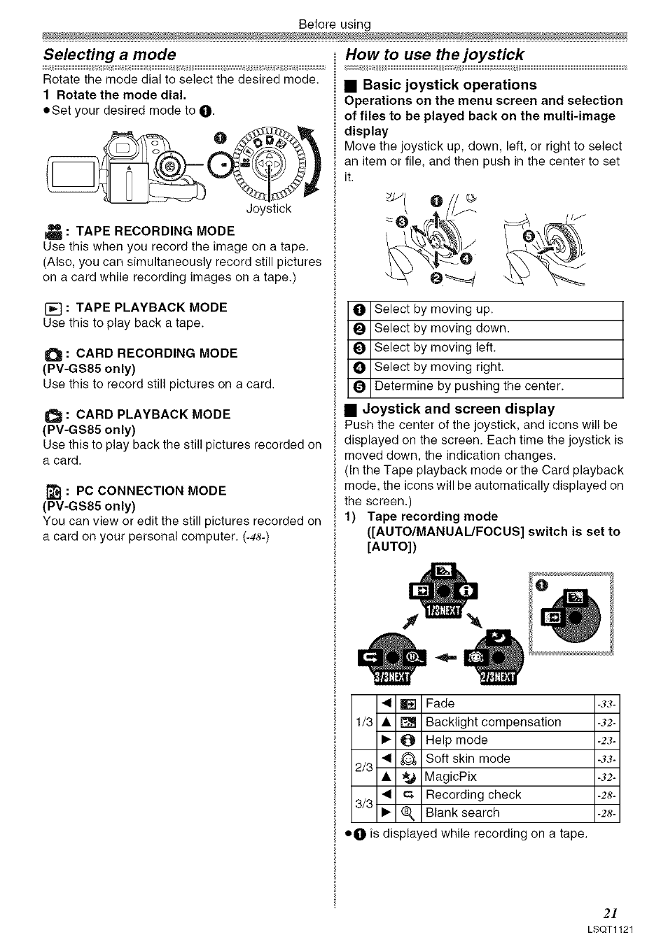I basic joystick operations, Joystick and screen dispiay, Selecting a mode how to use the joystick | 1 rotate the mode dial, Tape recording mode, Tape playback mode, Q: card recording mode (pv-gs85 only), Q: card playback mode (pv-gs85 only), Jg : pc connection mode (pv-gs85 only) | Panasonic PV-GS80 User Manual | Page 21 / 81