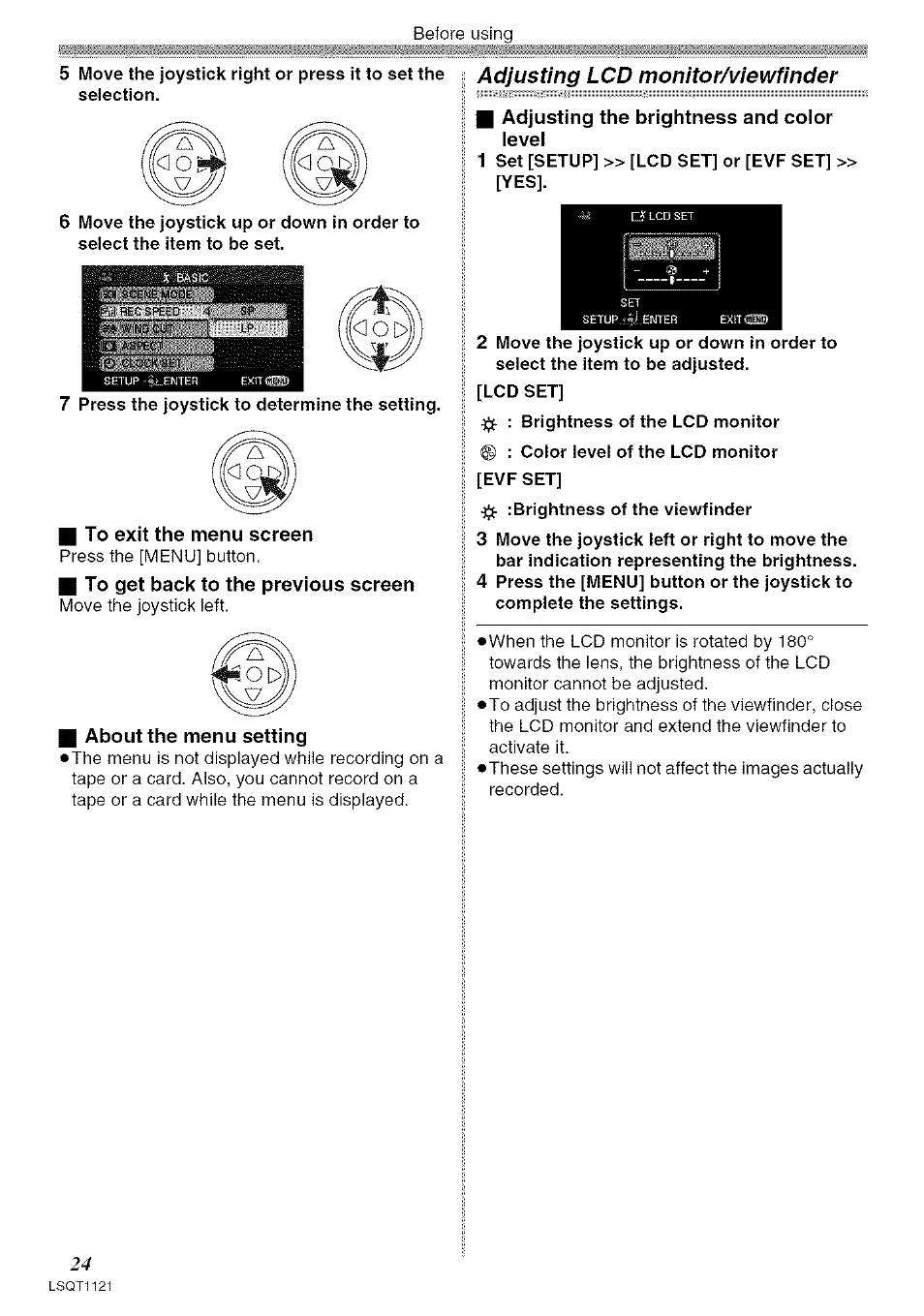 G to exit the menu screen, I to get back to the previous screen, I adjusting the brightness and coior ievei | Using the menu screen, I about the menu setting | Panasonic PV-GS80 User Manual | Page 24 / 81