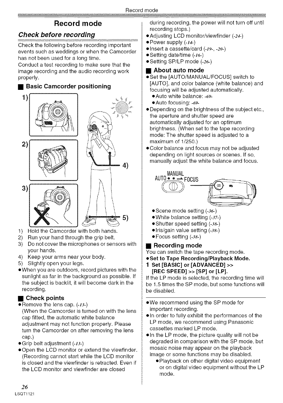I basic camcorder positioning, I check points, I about auto mode | Recording mode, Check before recording, I4-) | Panasonic PV-GS80 User Manual | Page 26 / 81