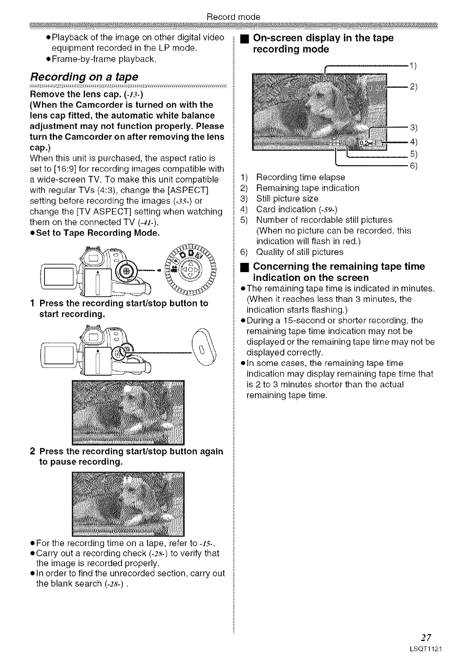 On-screen display in the tape recording mode | Panasonic PV-GS80 User Manual | Page 27 / 81