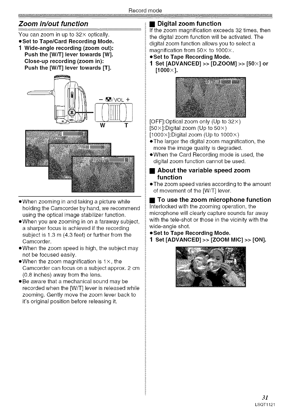 I digital zoom function, About the variable speed zoom function, To use the zoom microphone function | Panasonic PV-GS80 User Manual | Page 31 / 81