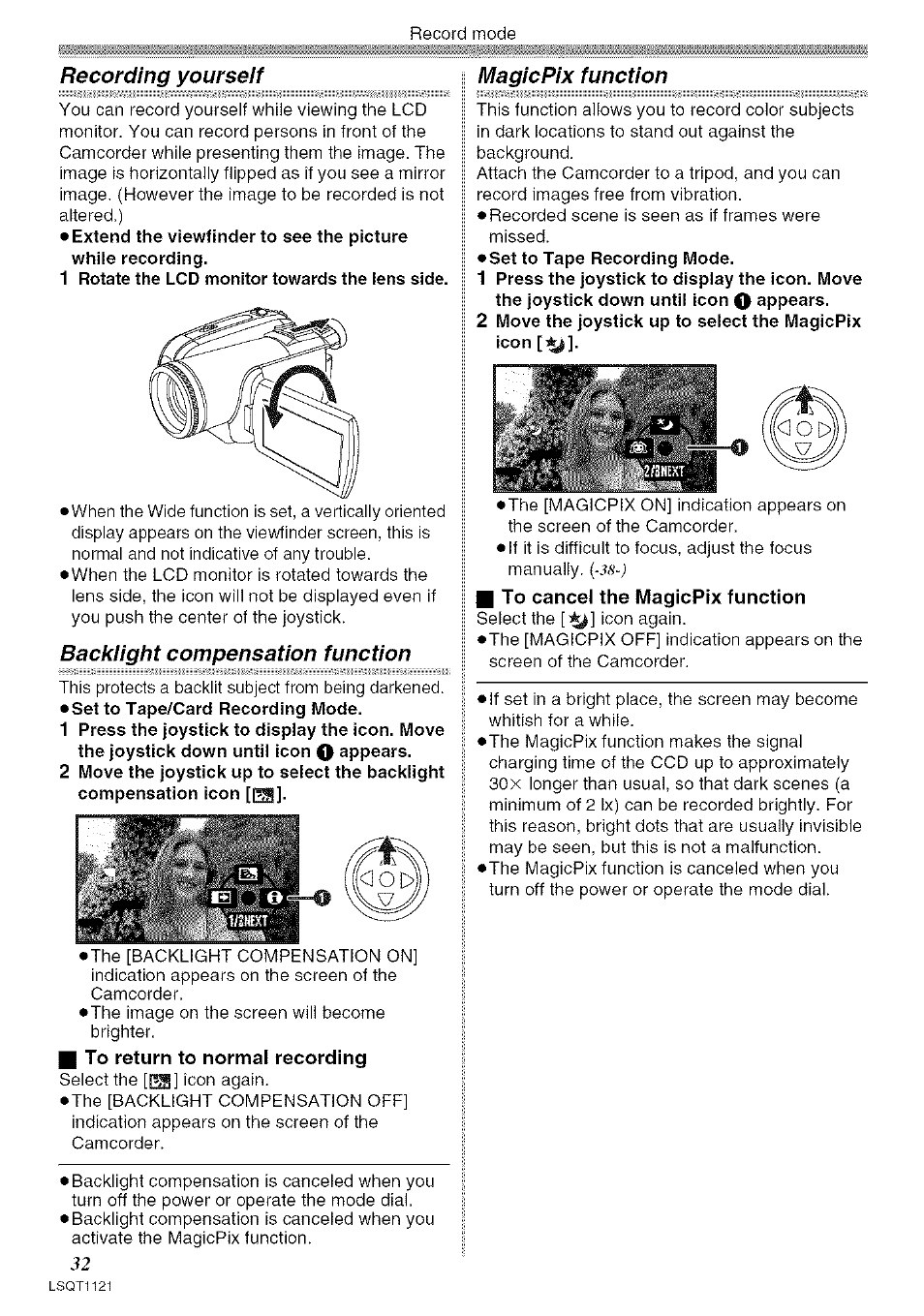 I to return to normal recording, I to cancel the l\/lagicpix function, Recording yourself | Backlight compensation function, Magicpix function | Panasonic PV-GS80 User Manual | Page 32 / 81