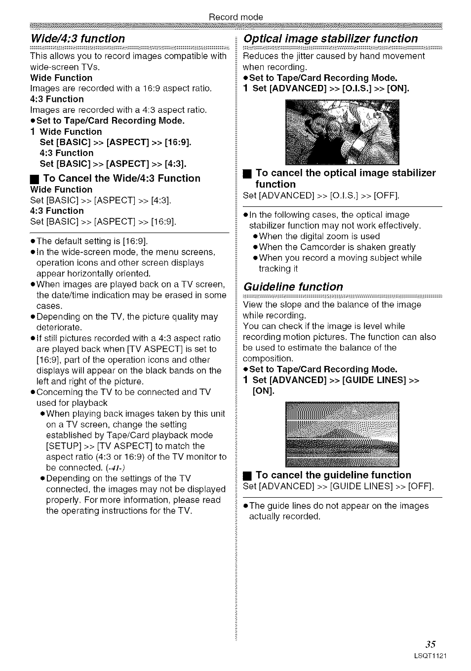 I to cancel the wide/4:3 function, I to cancel the optical image stabilizer function, Optical image stabilizer function | I to cancel the guideline function, Wide/4:3 function, Wide function, 3 function, 4i-), Guideline function | Panasonic PV-GS80 User Manual | Page 35 / 81