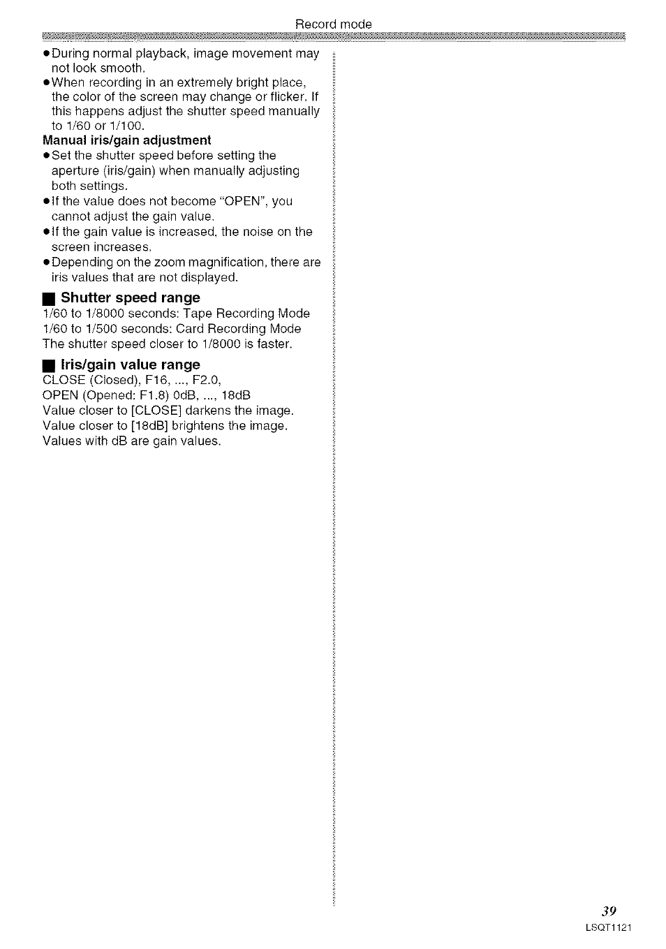 I shutter speed range, I iris/gain value range, Manual iris/gain adjustment | Panasonic PV-GS80 User Manual | Page 39 / 81
