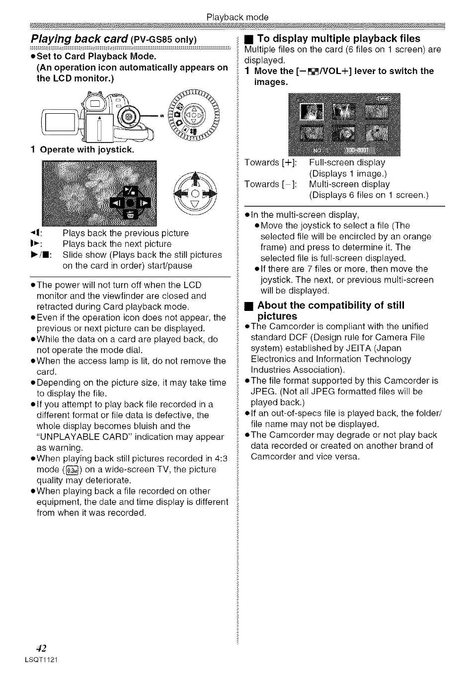 I to display multiple playback files, About the compatibility of still pictures | Panasonic PV-GS80 User Manual | Page 42 / 81