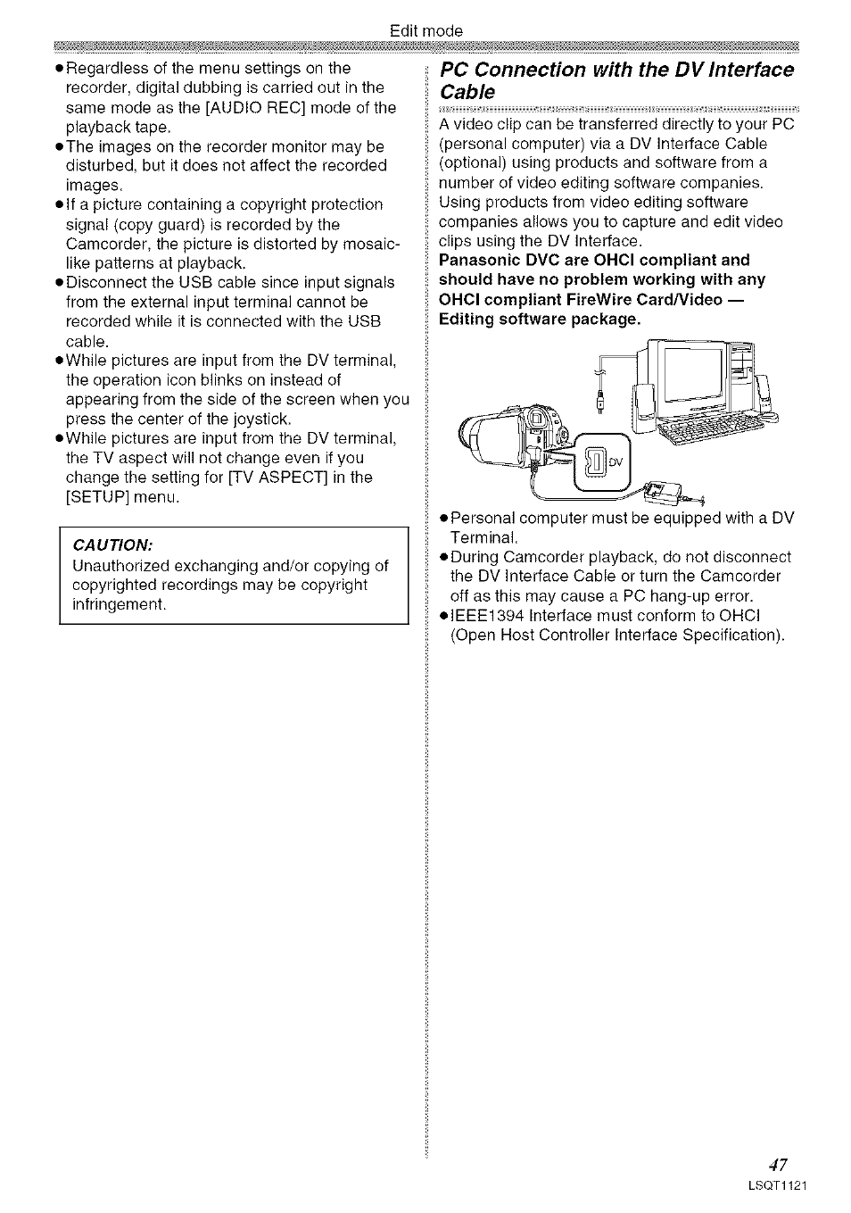 Caution, Pc connection with the dv interface cable | Panasonic PV-GS80 User Manual | Page 47 / 81