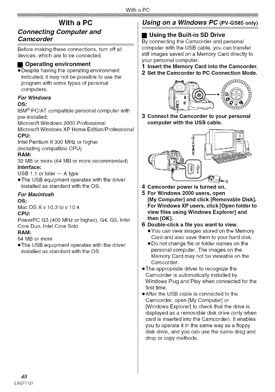 G operating environment, I using the built-in sd drive, With a pc | Panasonic PV-GS80 User Manual | Page 48 / 81