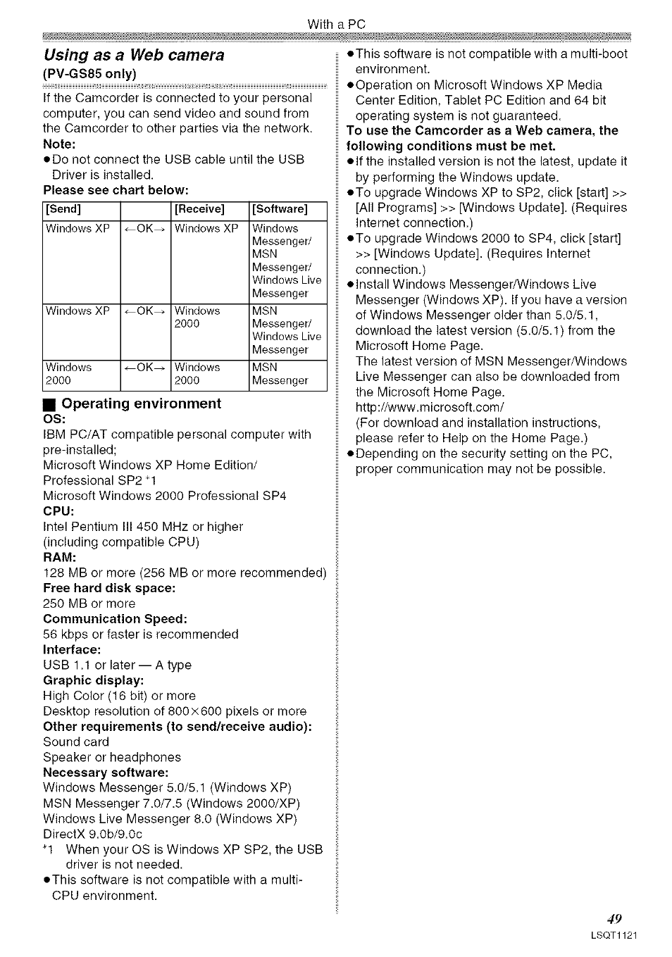 I operating environment, Using as a \neb camera (pv-gs85only), Please see chart below | Free hard disk space, Communication speed, Interface, Graphic display, Other requirements (to send/receive audio), Necessary software | Panasonic PV-GS80 User Manual | Page 49 / 81