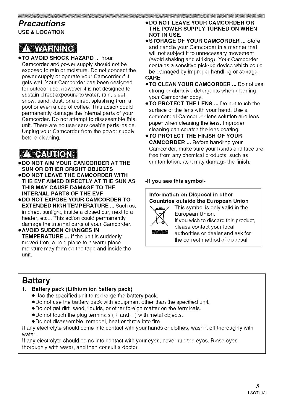 Battery, Precautions, Warning | Panasonic PV-GS80 User Manual | Page 5 / 81