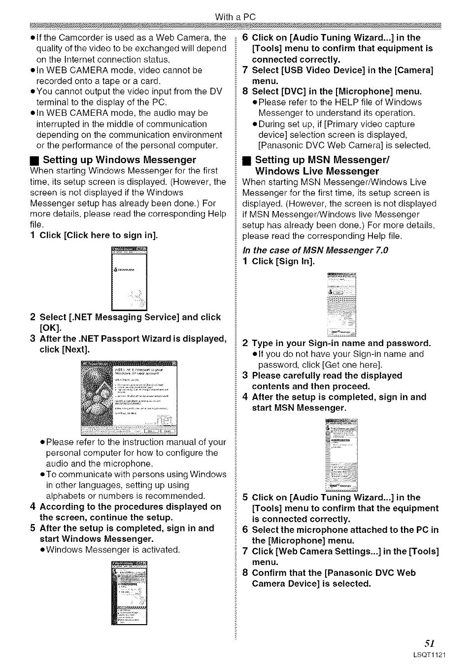 I setting up windows messenger, I setting up msn messenger/ windows live messenger | Panasonic PV-GS80 User Manual | Page 51 / 81