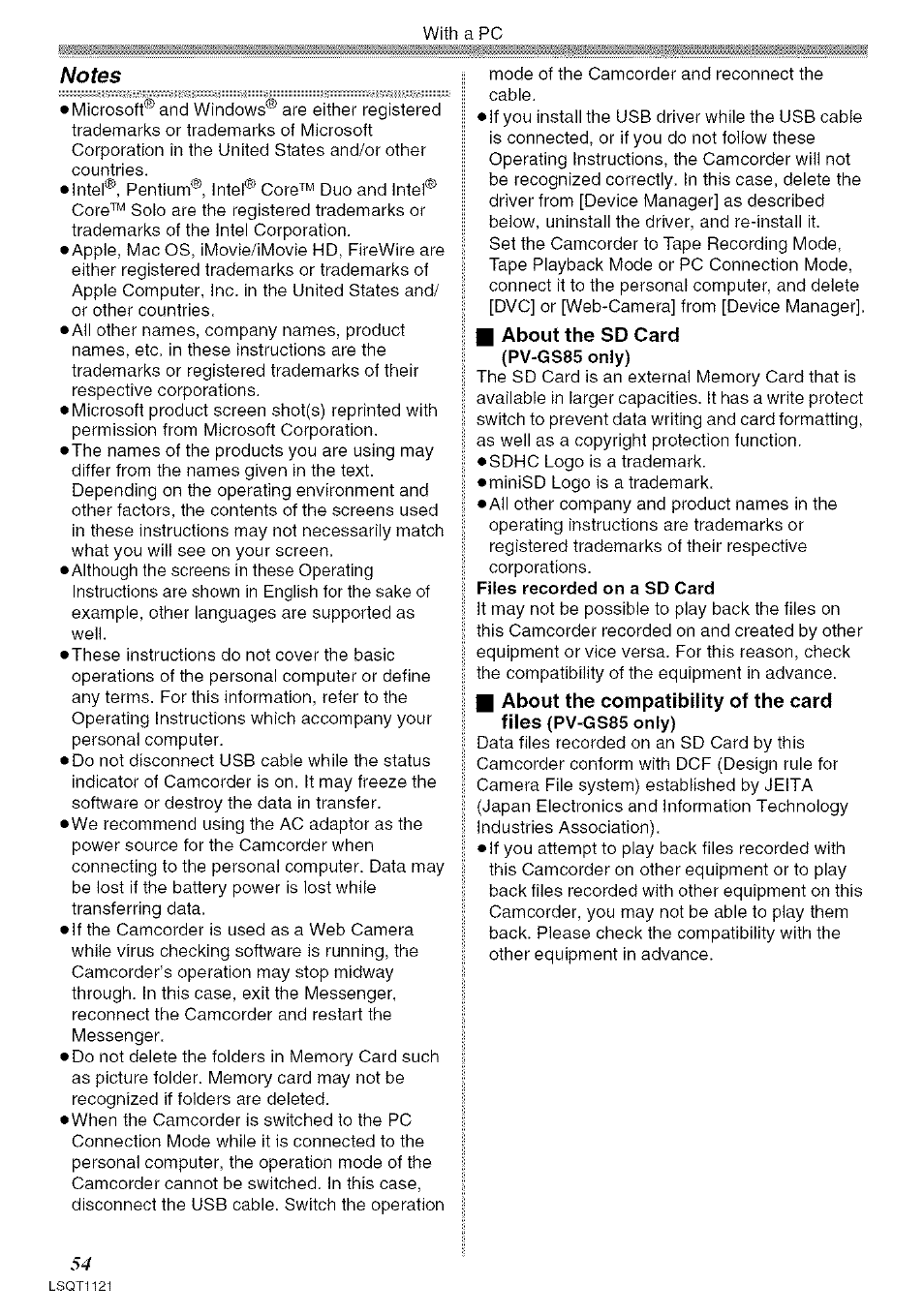 About the sd card, About the compatibility of the card files, Pv-gs85 only) | Files recorded on a sd card, With a pc | Panasonic PV-GS80 User Manual | Page 54 / 81