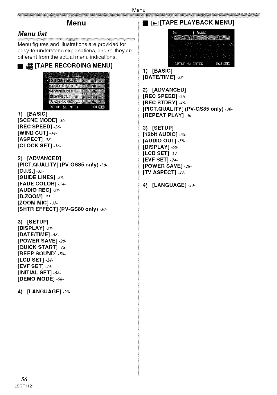 0 [tape playback menu, H [tape recording menu, Menu list | Menu | Panasonic PV-GS80 User Manual | Page 56 / 81