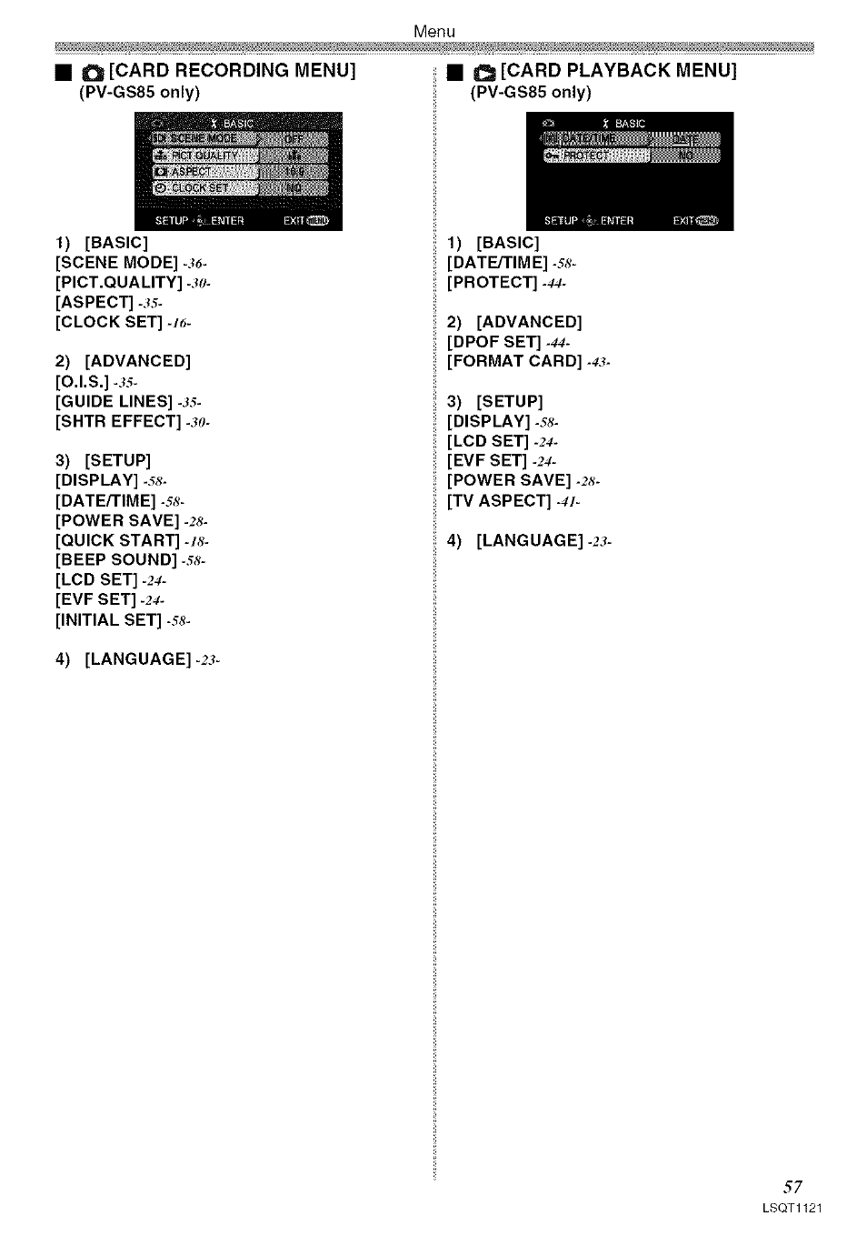 Q [card recording menu, Q [card playback menu, Pv-gs85 only) | 1) [basic] [scene mode, Pict.quality, Aspect, Clock set, 2) [advanced] [o.i.s, Guide lines, Shtr effect | Panasonic PV-GS80 User Manual | Page 57 / 81