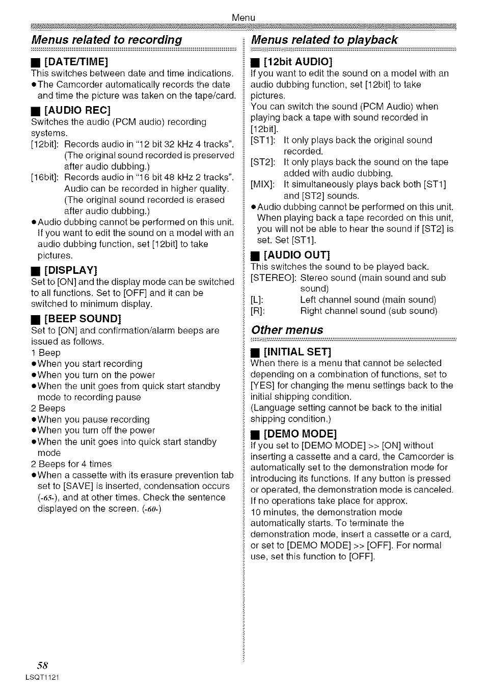 Menus related to recording, Menus related to playback, Other menus | G [date/time, Audio rec, G [display, G [beep sound, G [12bit audio, G [audio out, G [initial set | Panasonic PV-GS80 User Manual | Page 58 / 81