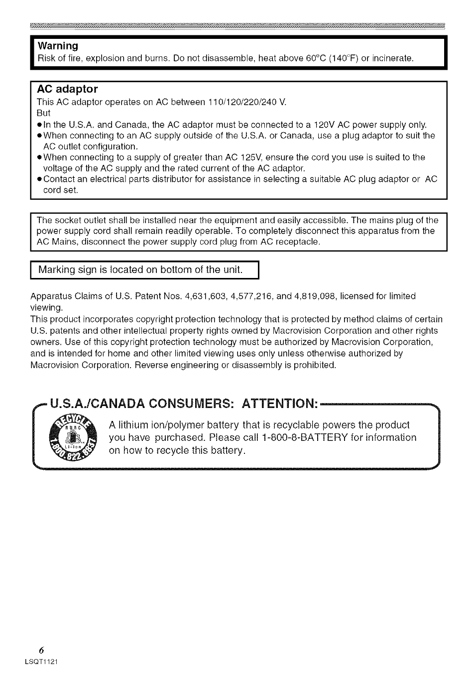 Warning, U.s.a./canada consumers: attention, Ac adaptor | Marking sign is located on bottom of the unit | Panasonic PV-GS80 User Manual | Page 6 / 81