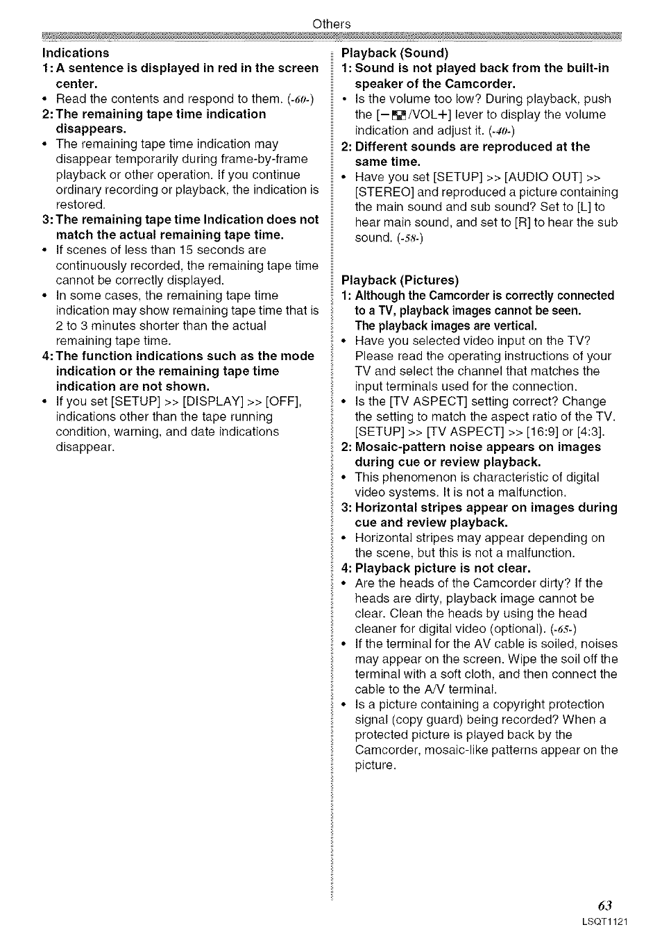 ) 2: the remaining tape time indication disappears, Different sounds are reproduced at the same time, Playback picture is not clear | Panasonic PV-GS80 User Manual | Page 63 / 81