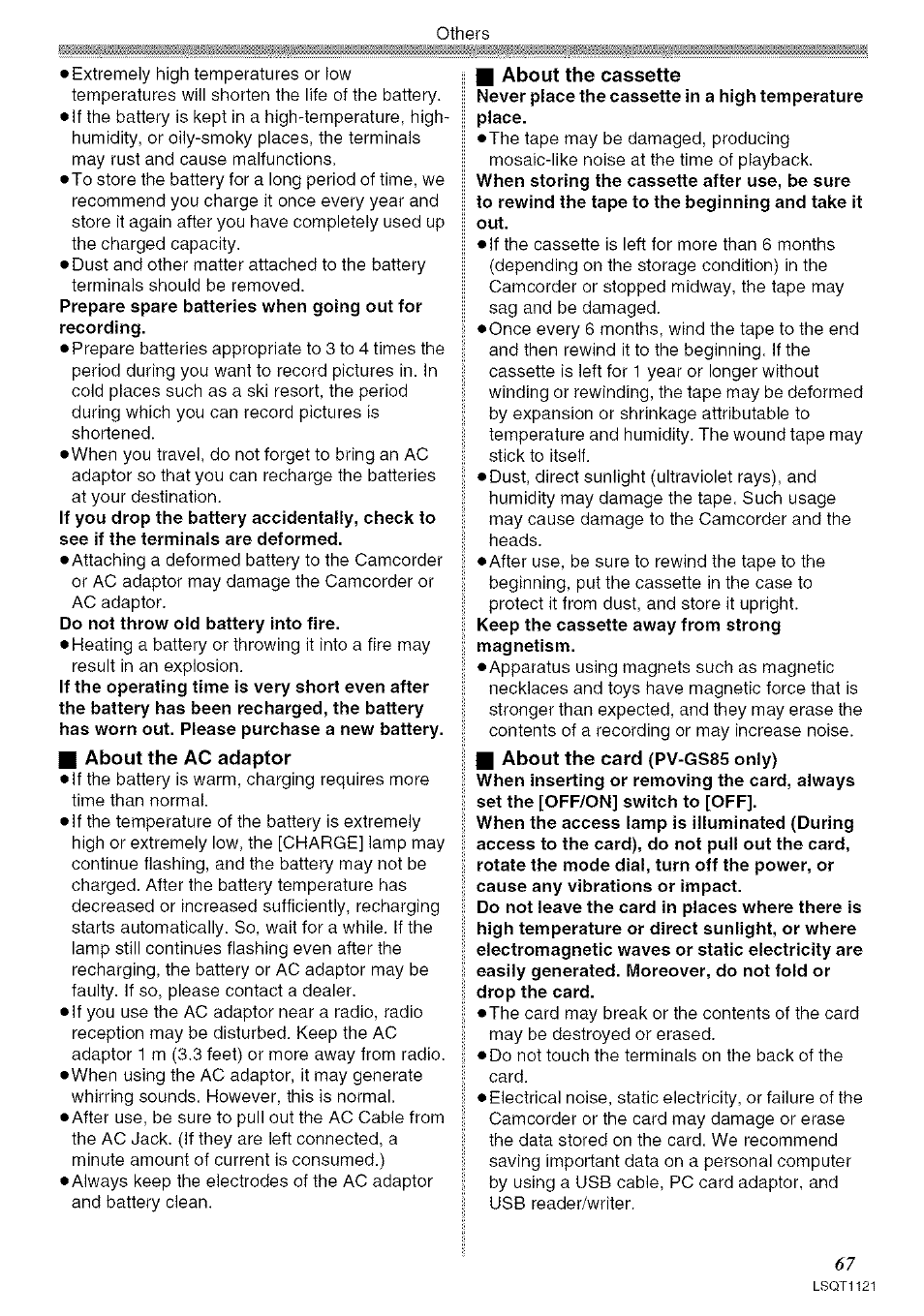 I about the ac adaptor, Do not throw old battery into fire, Keep the cassette away from strong magnetism | Panasonic PV-GS80 User Manual | Page 67 / 81
