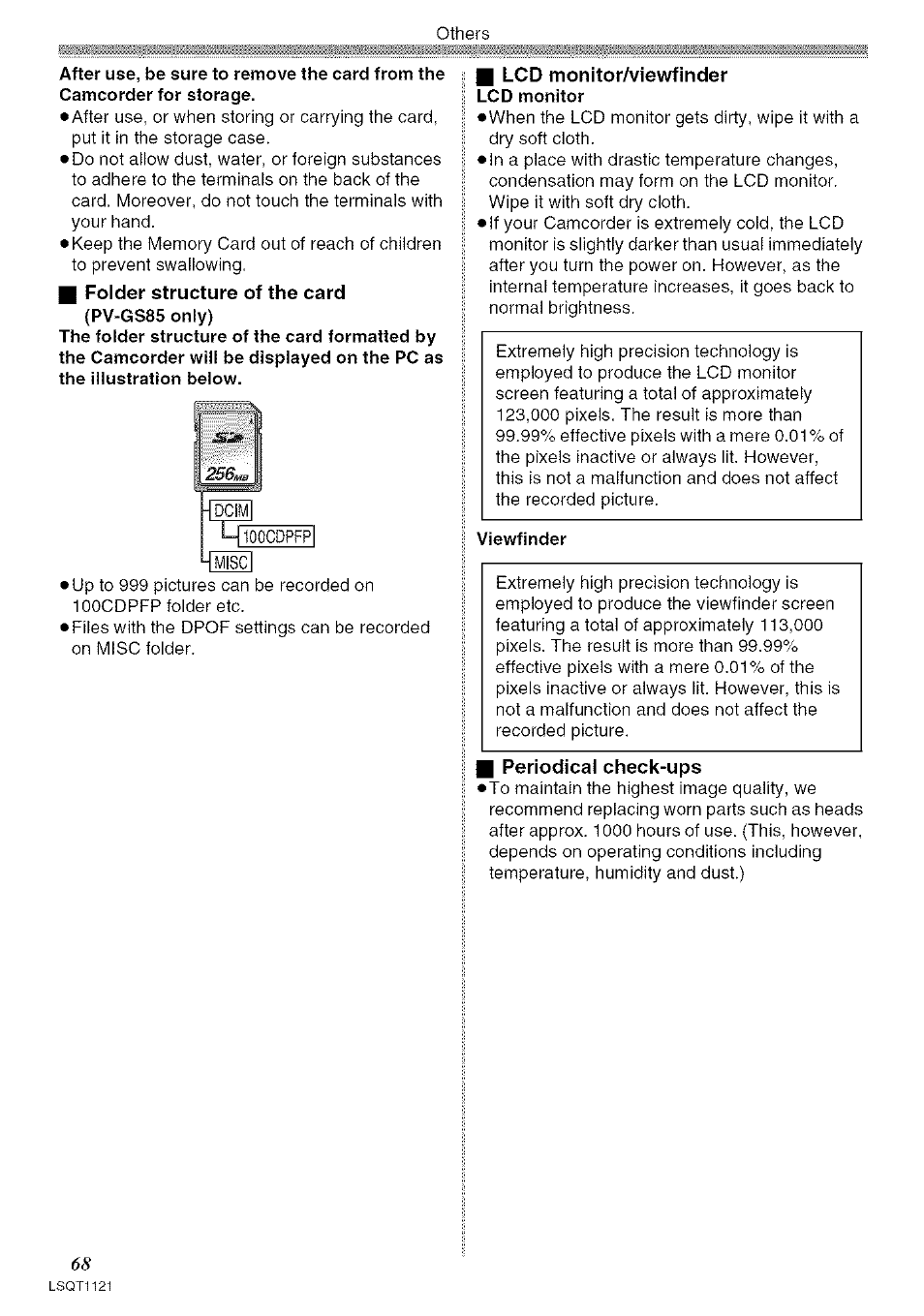 G folder structure of the card, I lcd monitor/viewfinder, Periodical check-ups | Adjusting lcd monitor/viewfinder, Jpcl] mioocdpfp, Lcd monitor, Viewfinder | Panasonic PV-GS80 User Manual | Page 68 / 81