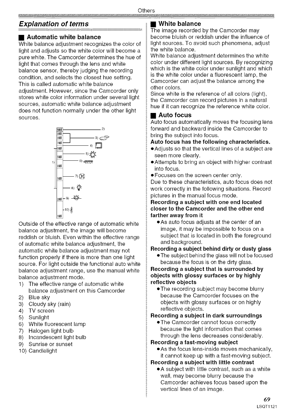Explanation of terms, I automatic white balance, Auto focus | I white balance, Auto focus has the following characteristics, Recording a subject behind dirty or dusty glass, Recording a subject in dark surroundings, Recording a fast-moving subject, Recording a subject with little contrast | Panasonic PV-GS80 User Manual | Page 69 / 81