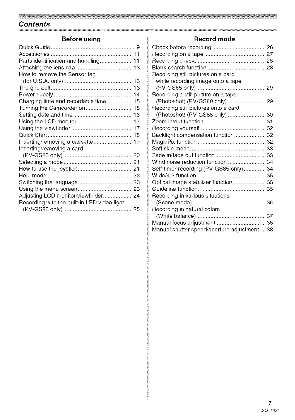 Before using, Record mode, C ontents | Panasonic PV-GS80 User Manual | Page 7 / 81