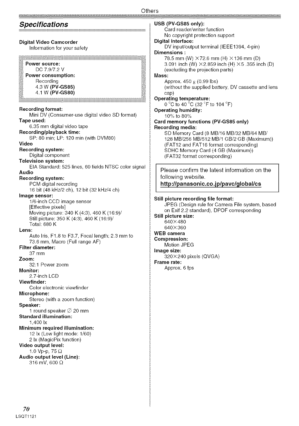 Specifications | Panasonic PV-GS80 User Manual | Page 70 / 81