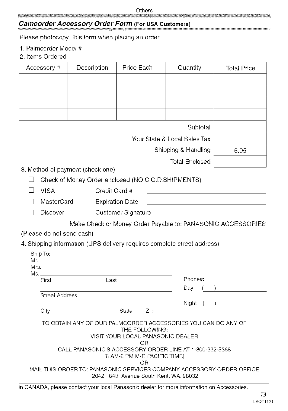 Camcorder accessory order form | Panasonic PV-GS80 User Manual | Page 73 / 81