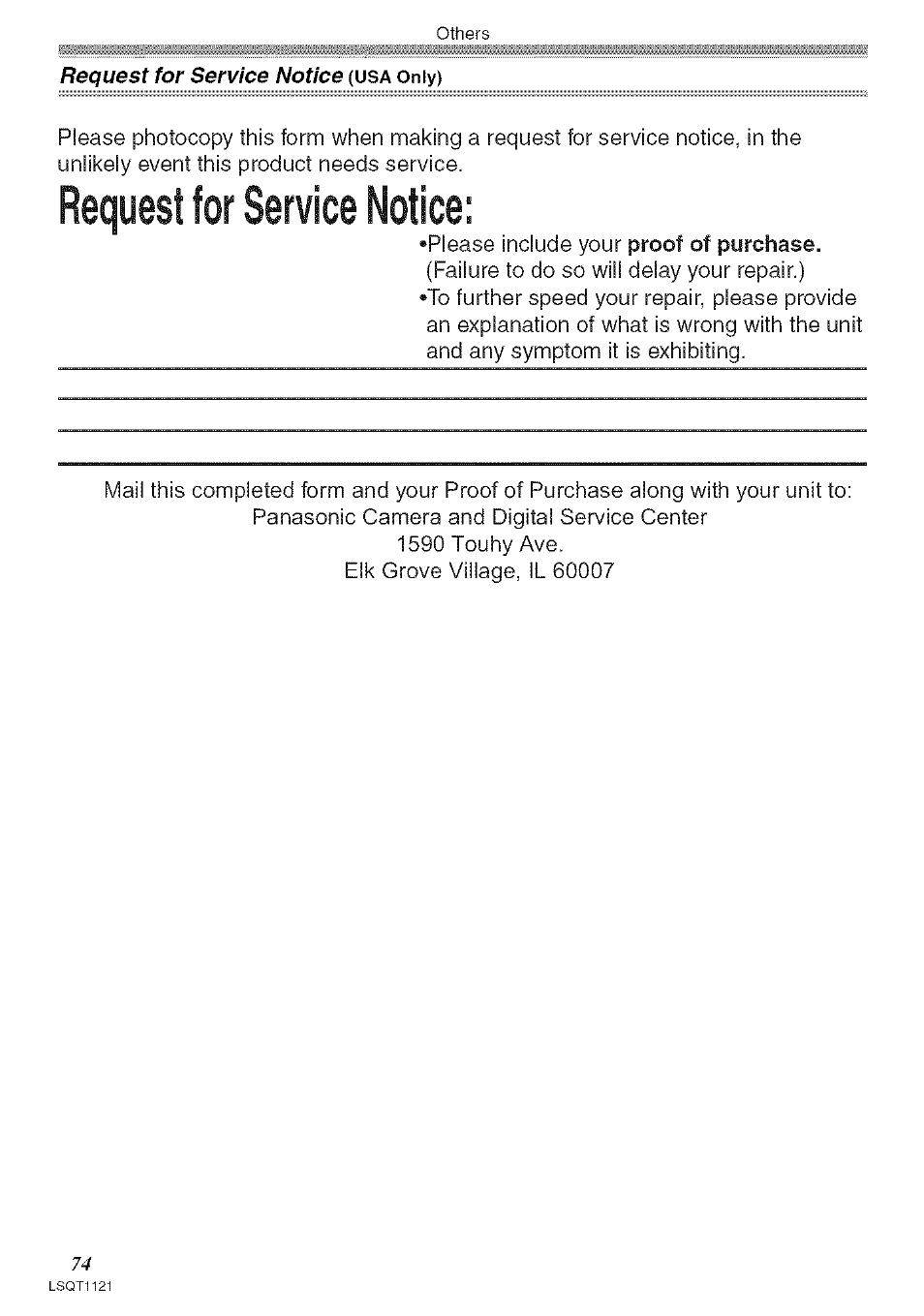 Request for service notice | Panasonic PV-GS80 User Manual | Page 74 / 81