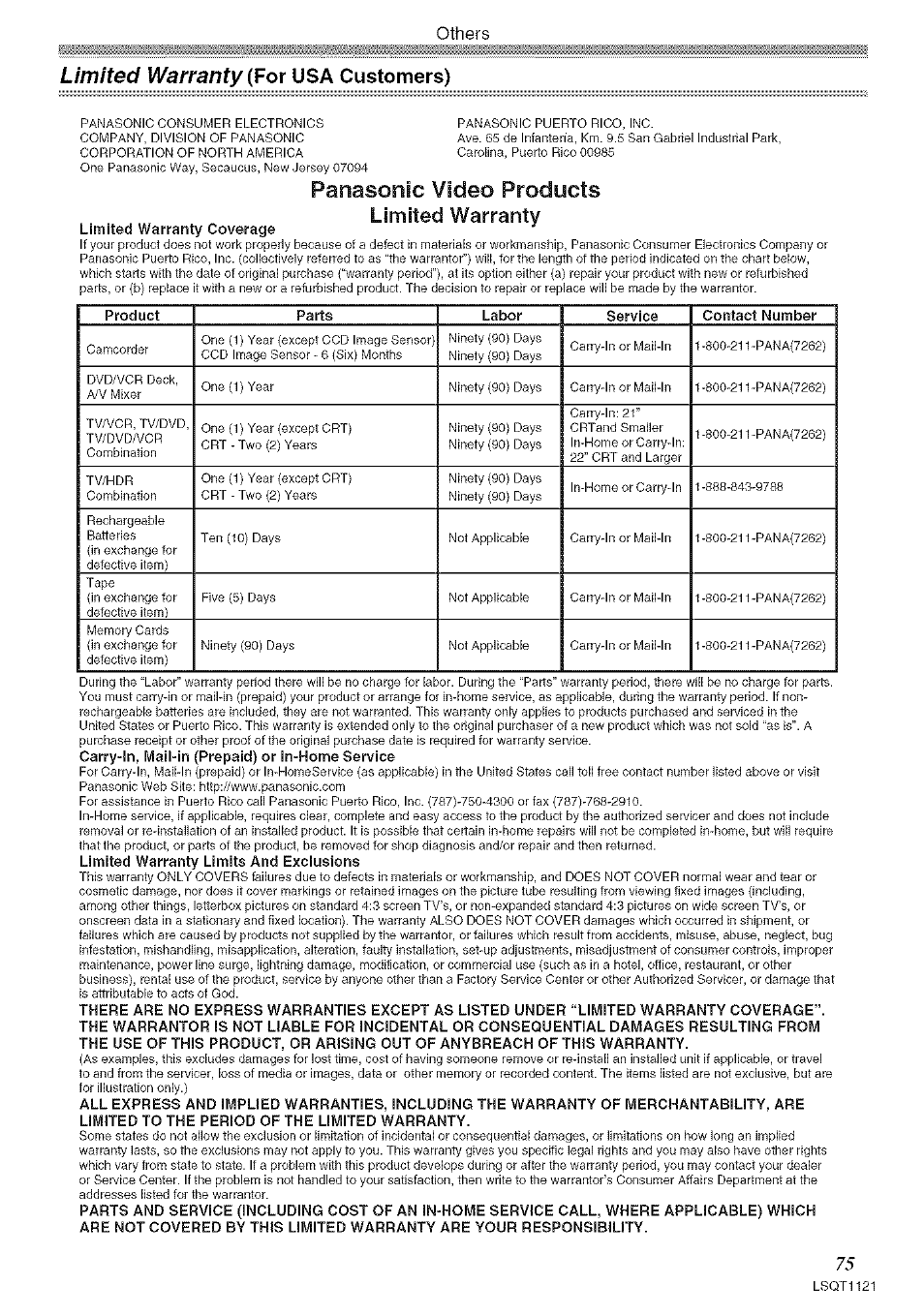 Warranty, Limited warranty (for usa customers), Panasonic video products limited | Others | Panasonic PV-GS80 User Manual | Page 75 / 81