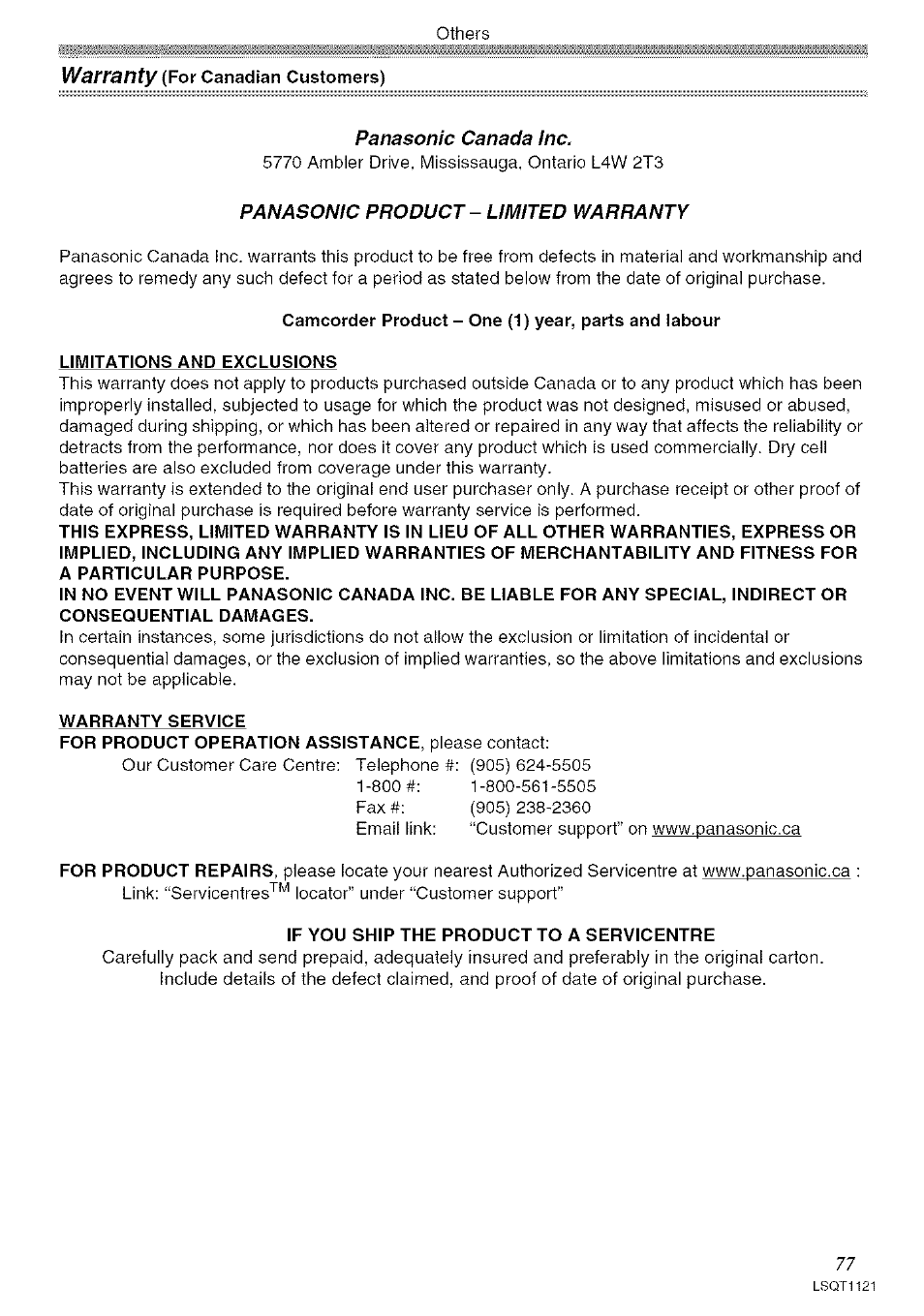Warranty, Panasonic canada inc, Panasonic product - limited warranty | Panasonic PV-GS80 User Manual | Page 77 / 81