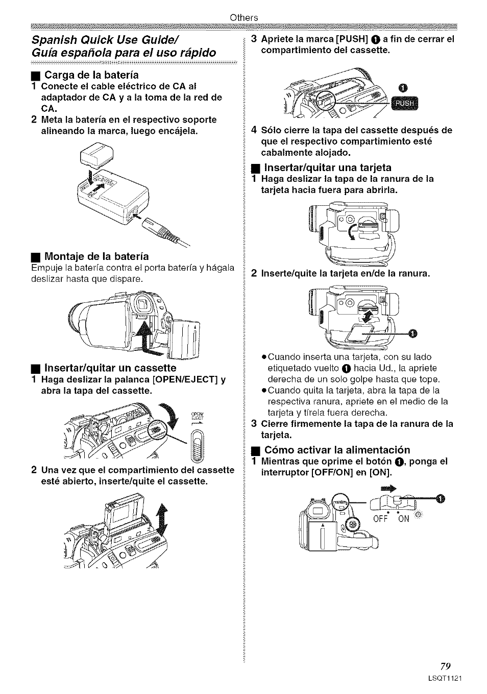 I carga de la batería, I montaje de la batería, Insertar/quitar una tarjeta | Cómo activar la alimentación, Rcar | Panasonic PV-GS80 User Manual | Page 79 / 81