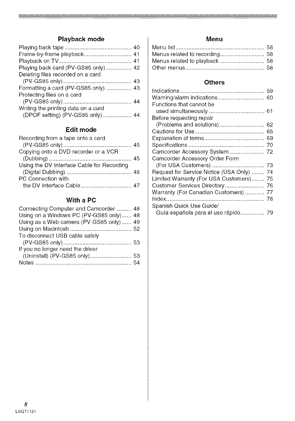 Playback mode, Edit mode, With a pc | Menu, Others | Panasonic PV-GS80 User Manual | Page 8 / 81
