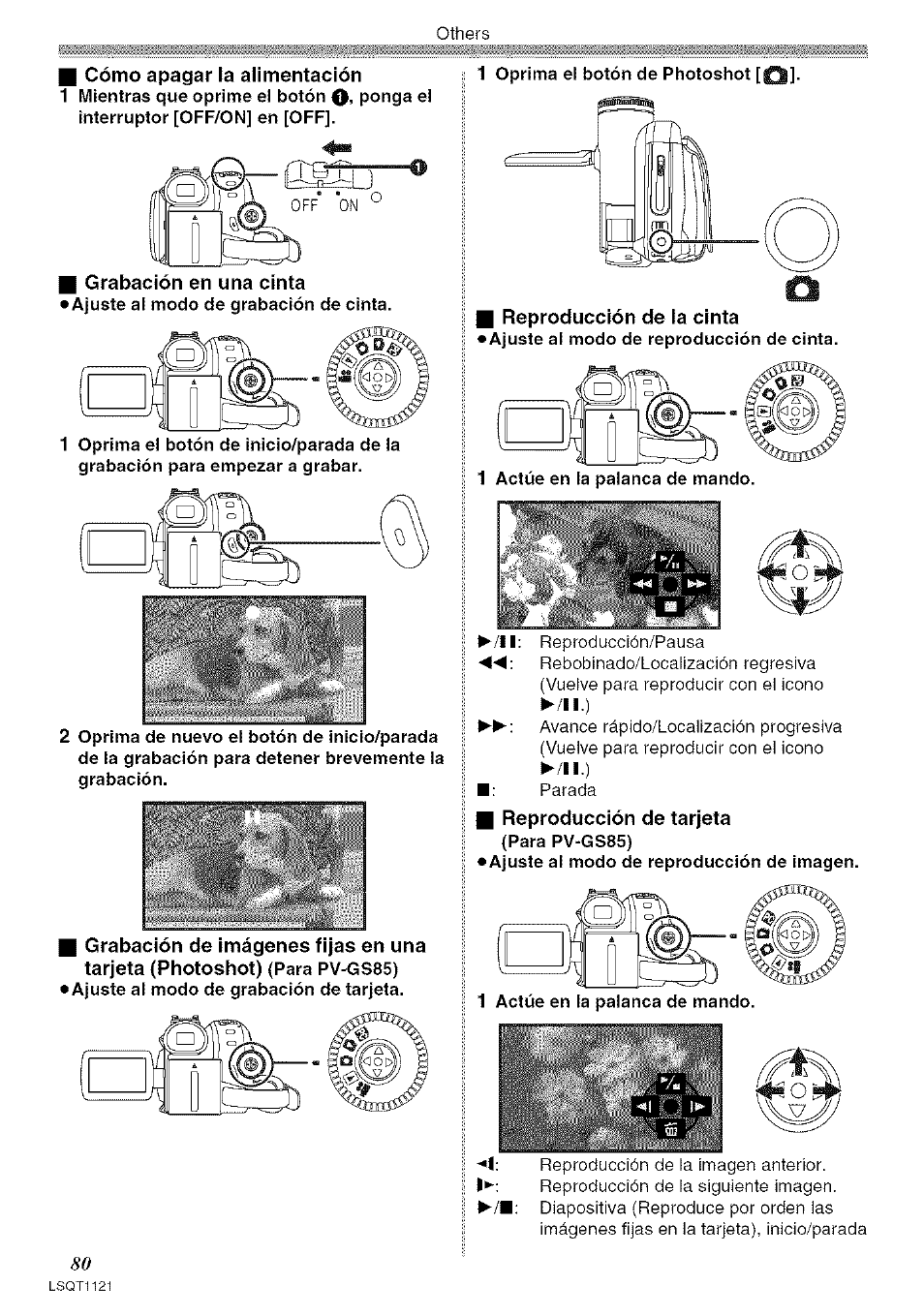 I cómo apagar la alimentación, Reproducción de tarjeta (para pv-gs85), G grabación en una cinta | I reproducción de ia cinta, Reproducción de tarjeta | Panasonic PV-GS80 User Manual | Page 80 / 81
