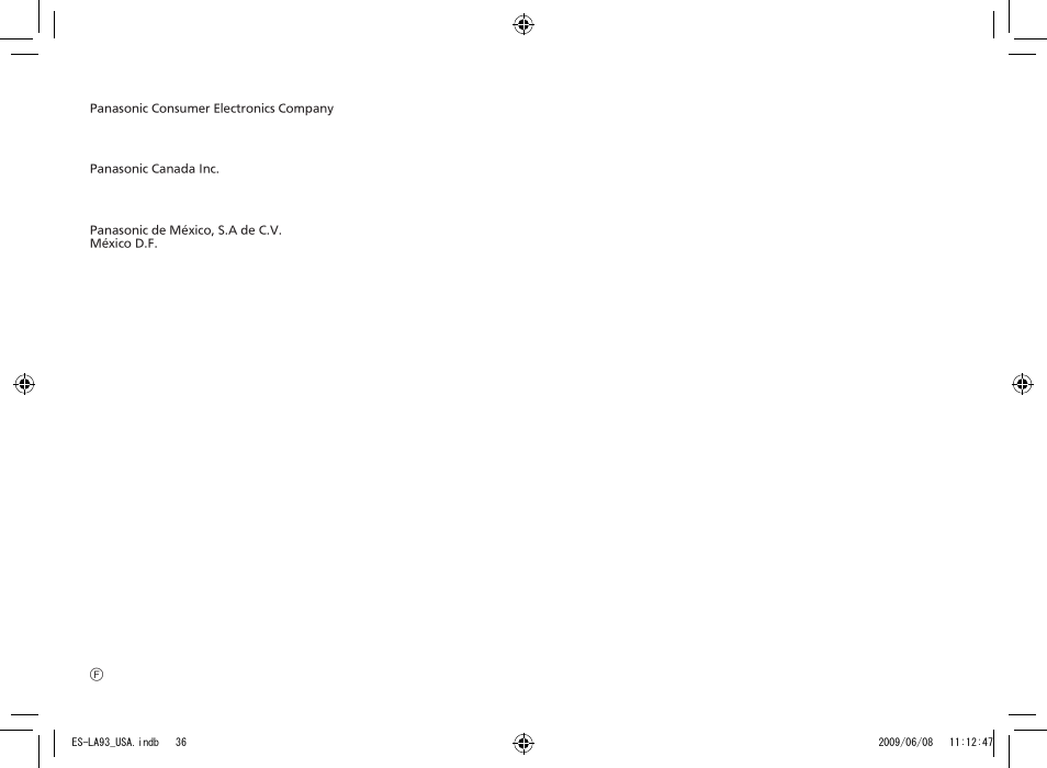 Panasonic ESLA93 User Manual | Page 36 / 36
