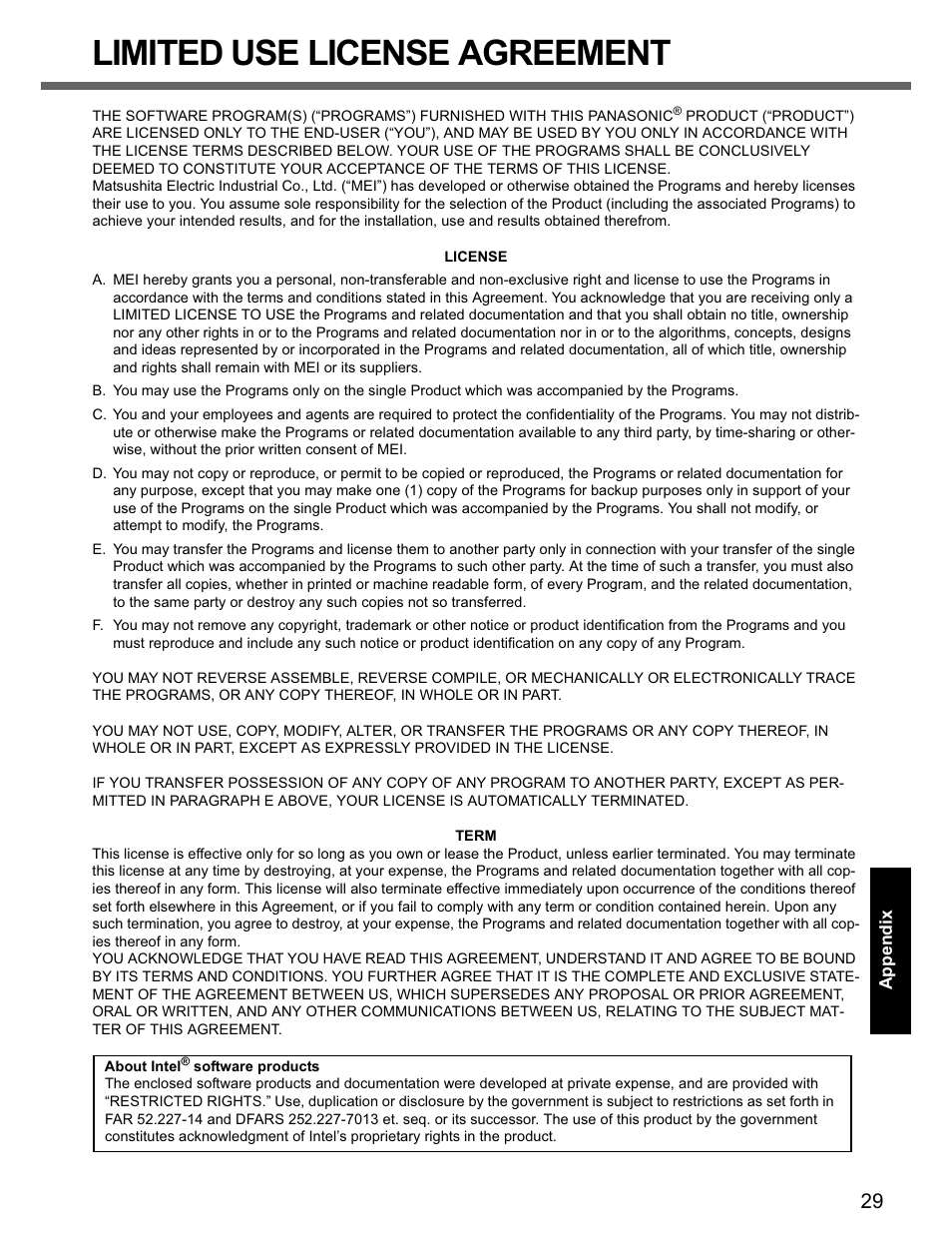 Limited use license agreement | Panasonic CF-74 User Manual | Page 29 / 40
