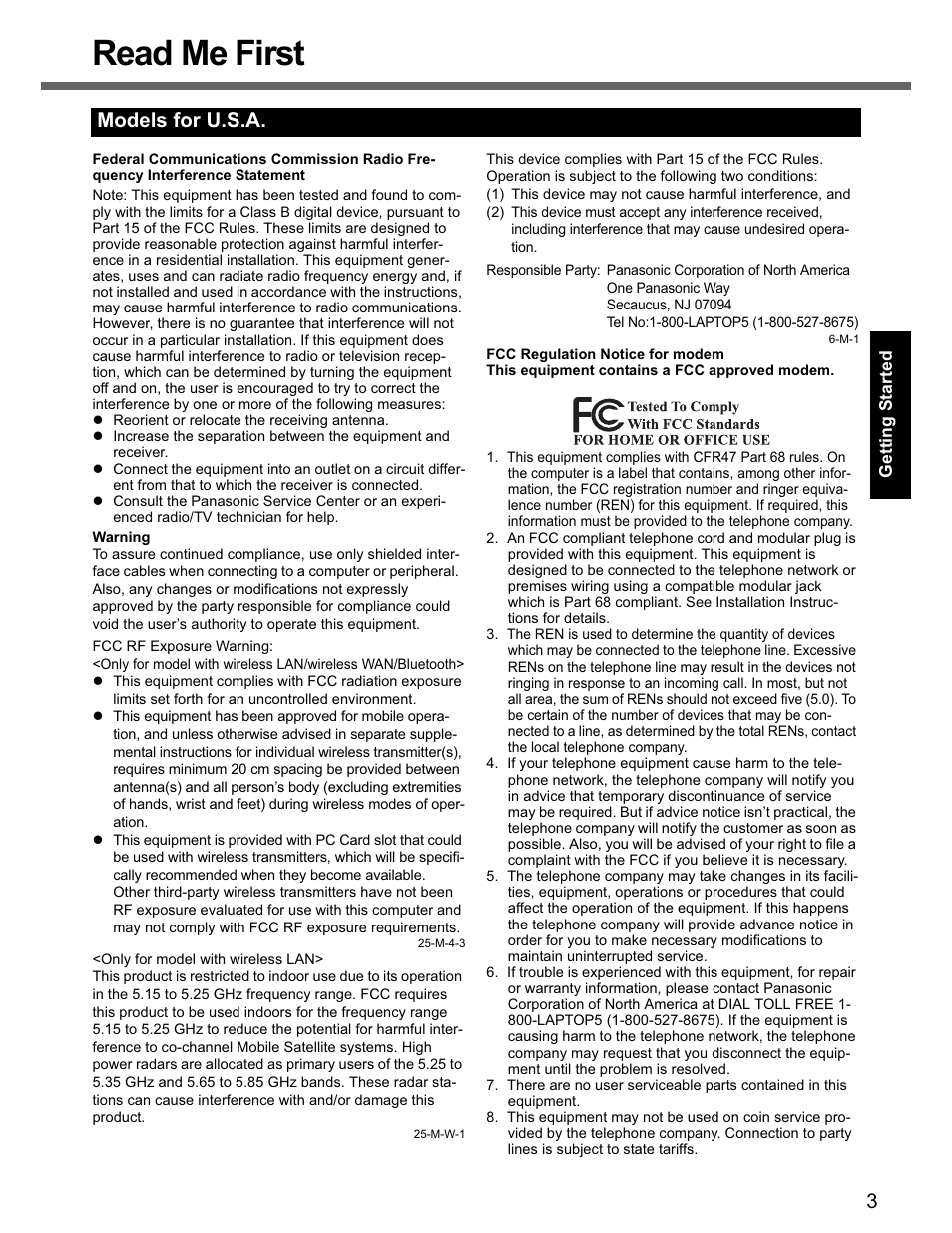 Read me first, Models for u.s.a | Panasonic CF-74 User Manual | Page 3 / 40