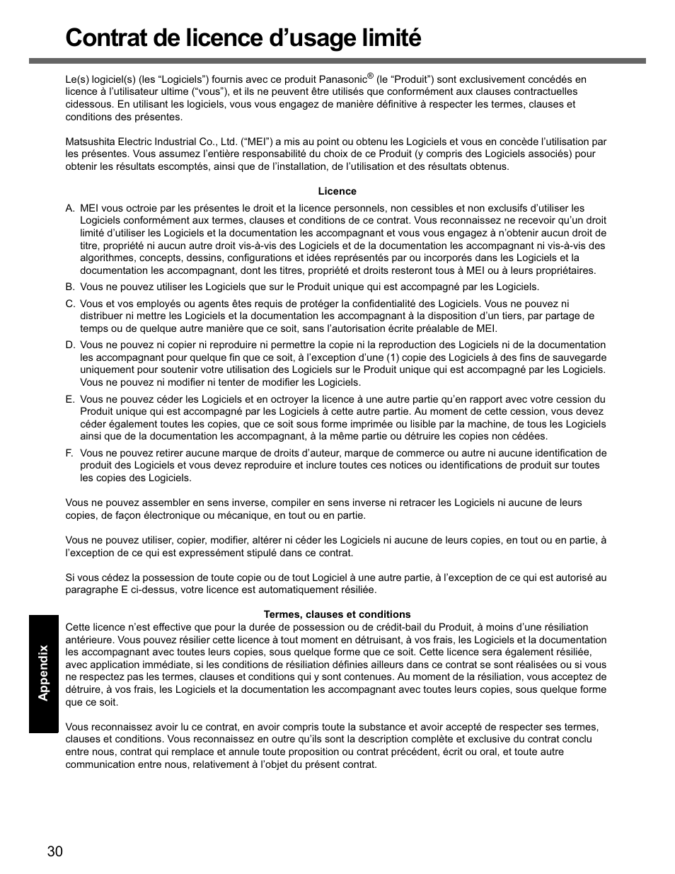 Contrat de licence d’usage limité | Panasonic CF-74 User Manual | Page 30 / 40