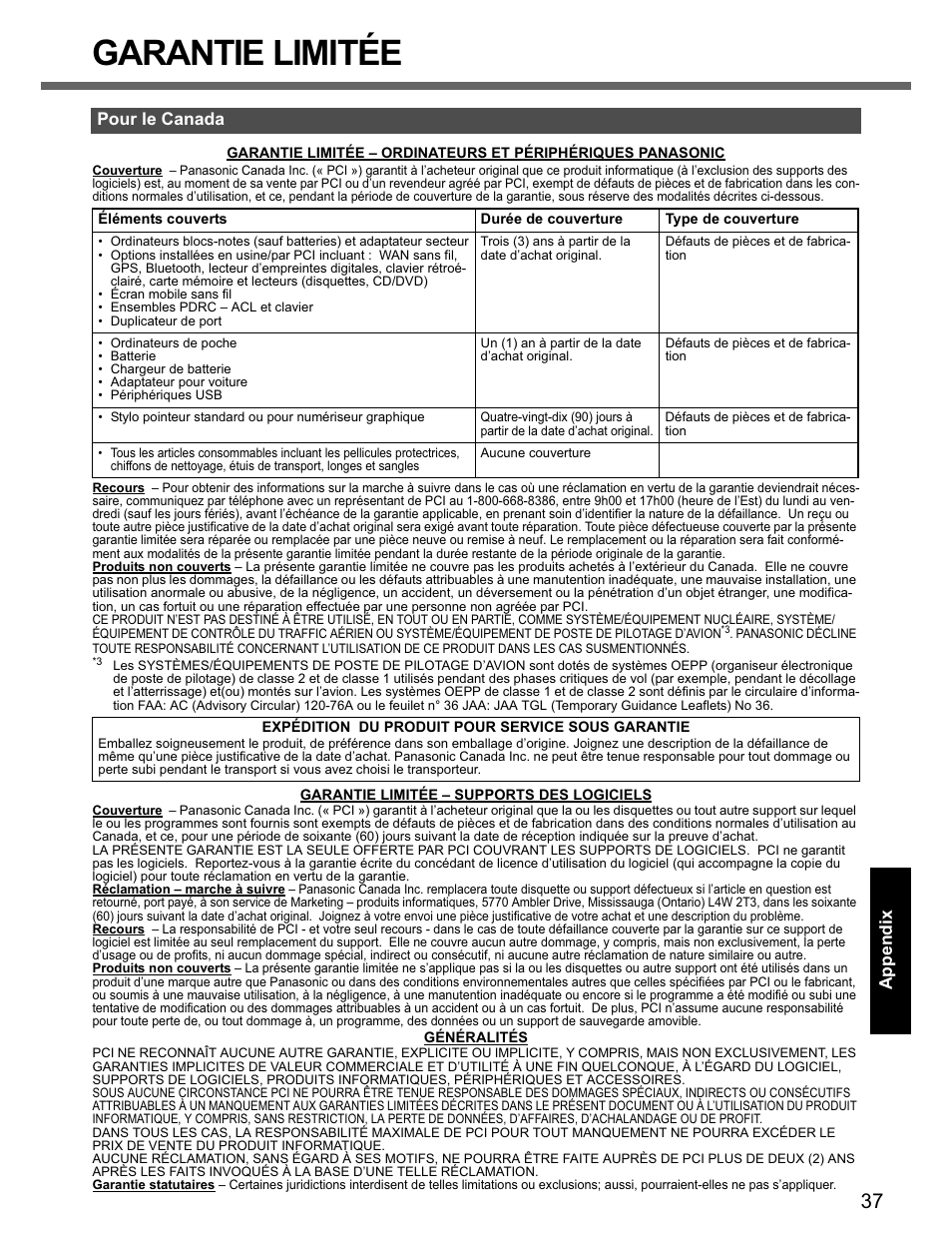 Garantie limitée | Panasonic CF-74 User Manual | Page 37 / 40
