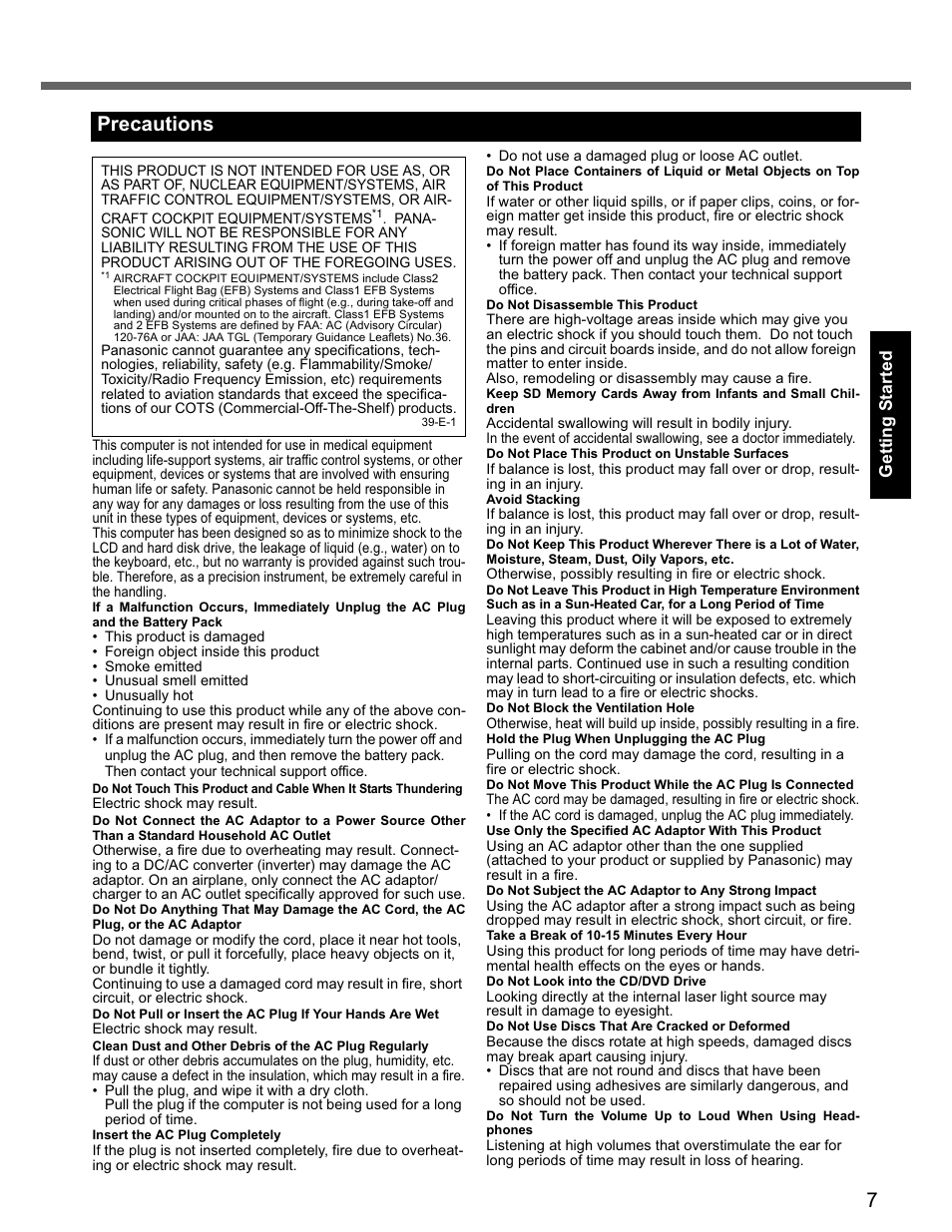 Precautions | Panasonic CF-74 User Manual | Page 7 / 40