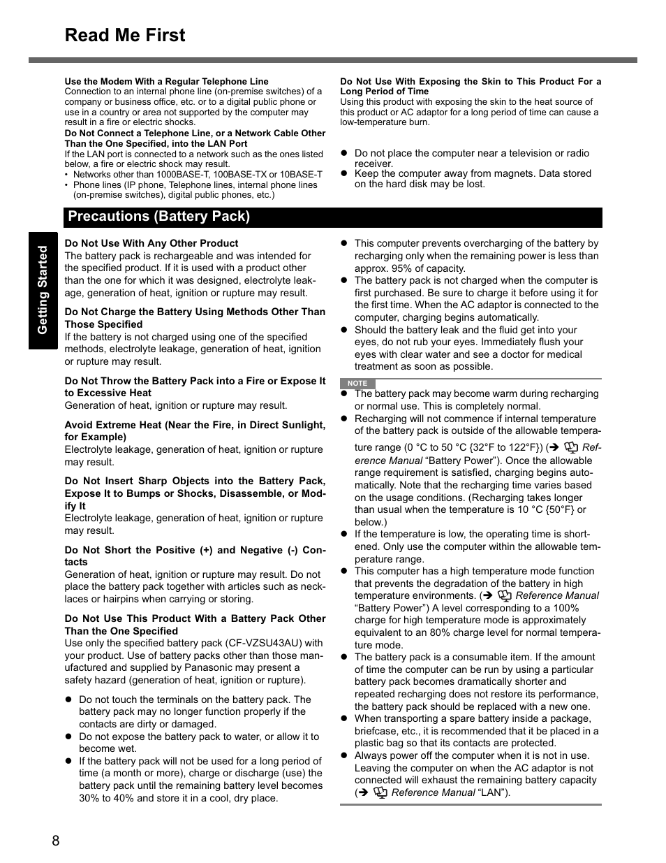 Read me first, Precautions (battery pack) | Panasonic CF-74 User Manual | Page 8 / 40