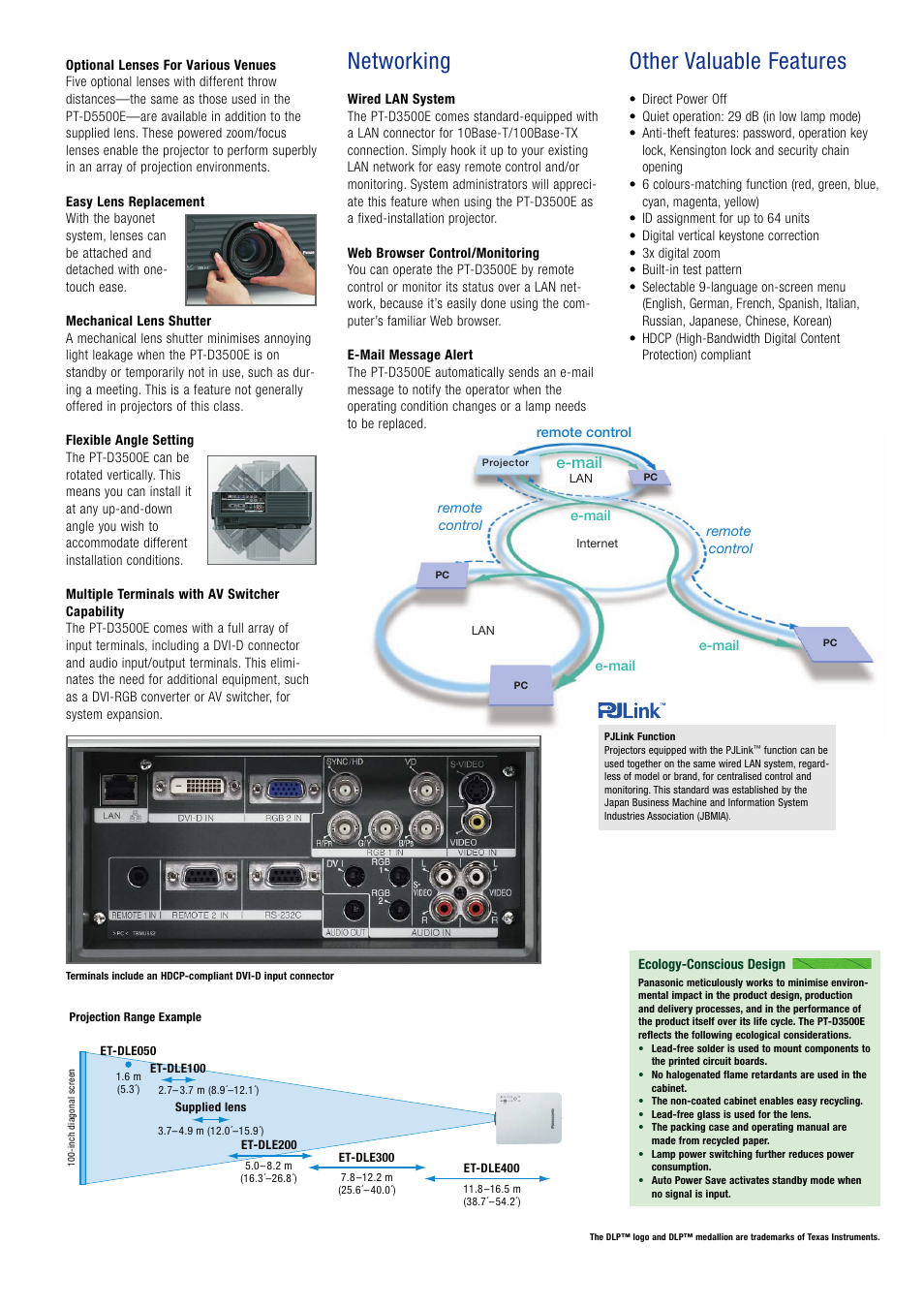 Networking, Other valuable features, E-mail | Panasonic PT-D3500E User Manual | Page 3 / 4