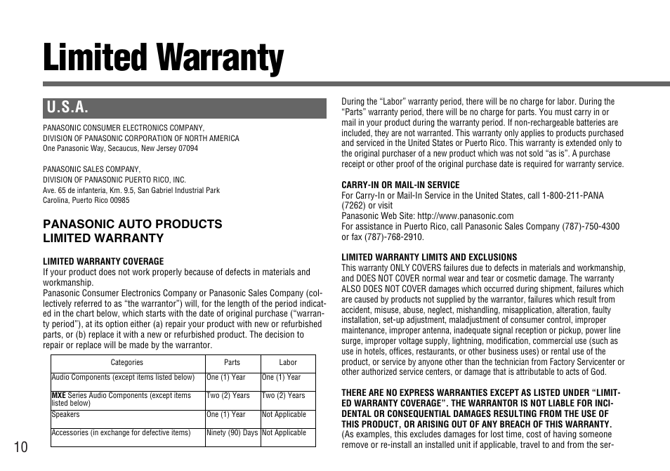 Limited warranty, U.s.a | Panasonic CY-BT100U User Manual | Page 10 / 92