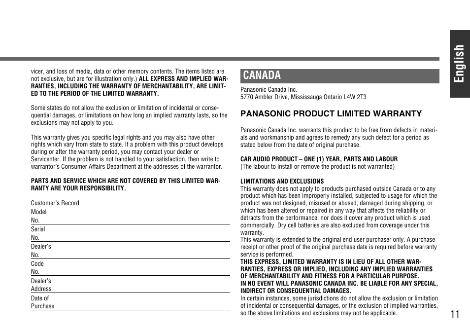 English, Canada | Panasonic CY-BT100U User Manual | Page 11 / 92