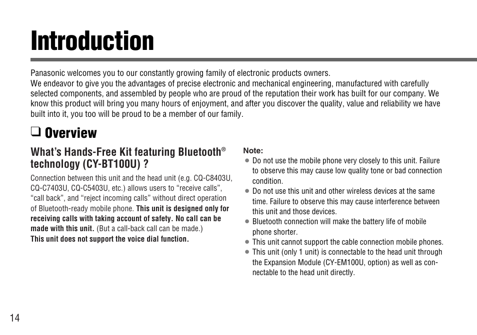 Introduction, Overview, What’s hands-free kit featuring bluetooth | Technology (cy-bt100u) | Panasonic CY-BT100U User Manual | Page 14 / 92