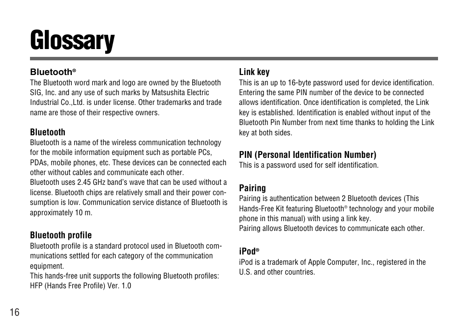 Glossary | Panasonic CY-BT100U User Manual | Page 16 / 92