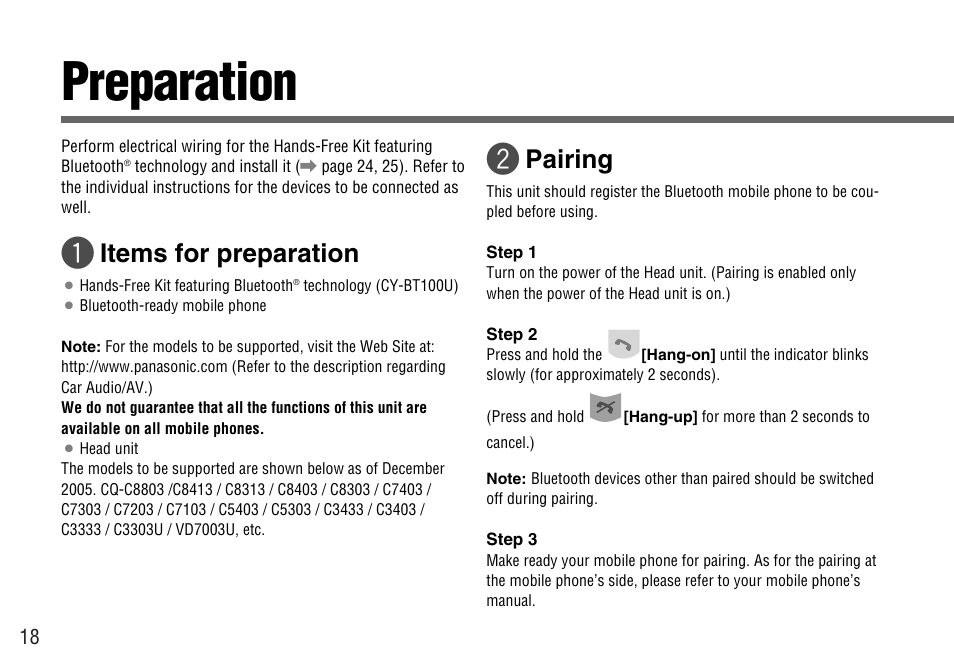 Preparation, Items for preparation, Pairing | Panasonic CY-BT100U User Manual | Page 18 / 92